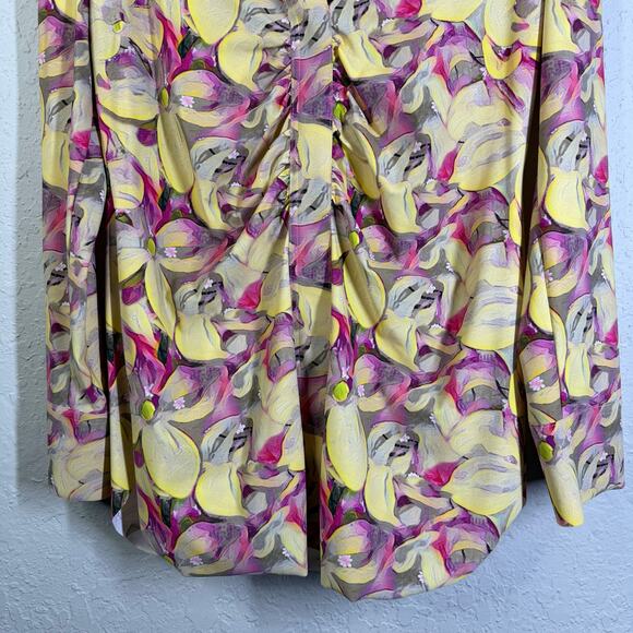 CHIARA BONI Blouse LG Point Collar V-Neck Split Cuffs Ruched Split Cuffs Floral - Picture 7 of 14